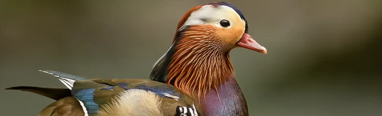 Mandariinisorsa. Erittäin värikäs lintu, jossa on ruskeita, sinisiä, vihreitä, violetteja, punertavia ja valkoisia yksityiskohtia.